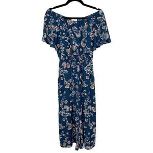 Everly Small Blue Floral Off The Shoulder Jumpsuit Wide Leg Pockets Cinch Waist